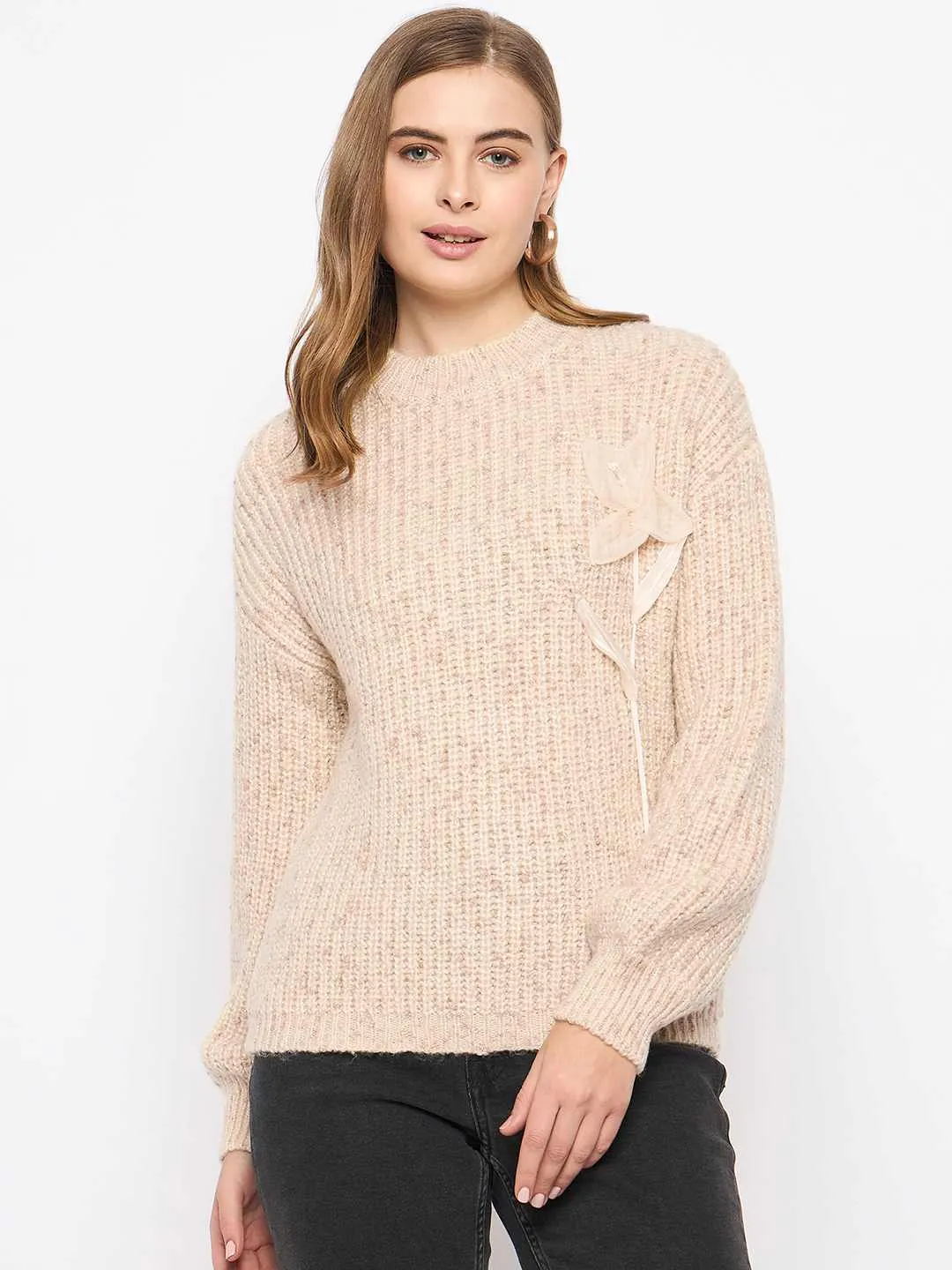 Madame Flower Applique Beige Sweater Snuggle Wear Textured Fabric