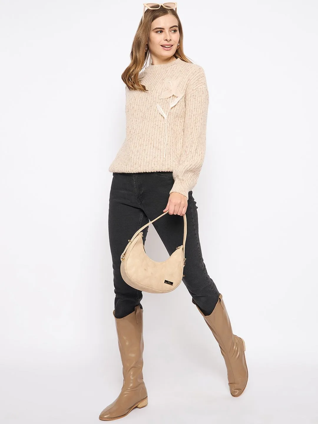 Odor Resistant Finish All Day Wear Madame Flower Applique Beige Sweater