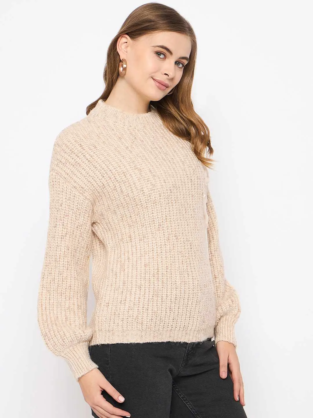 Madame Flower Applique Beige Sweater All Day Comfort Fit