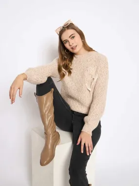 Elastic hem Madame Flower Applique Beige Sweater