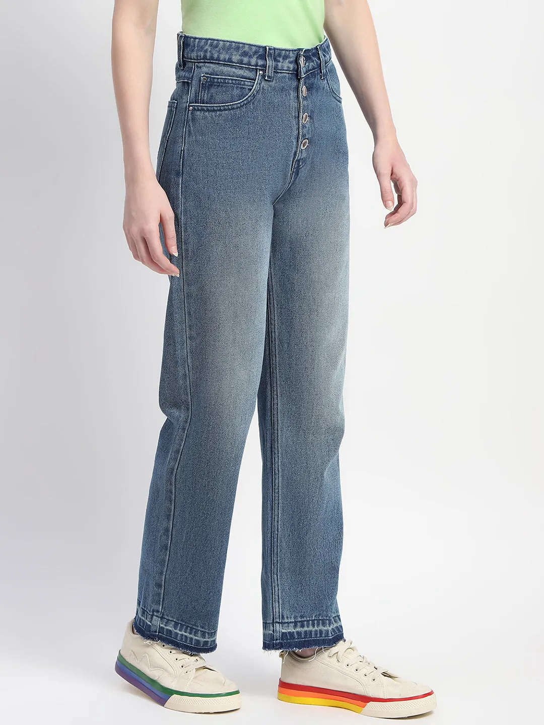 Sanded Seam Comfort Madame Four Buttoned Stone Wash High Waisted Blue Denim