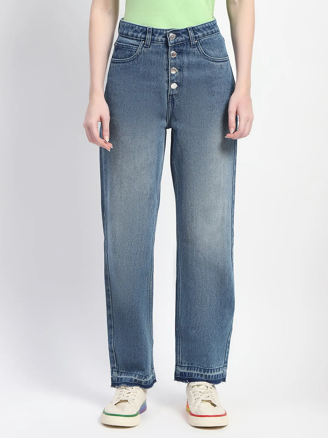 Madame Four Buttoned Stone Wash High Waisted Blue Denim Active Fit Mood Fit