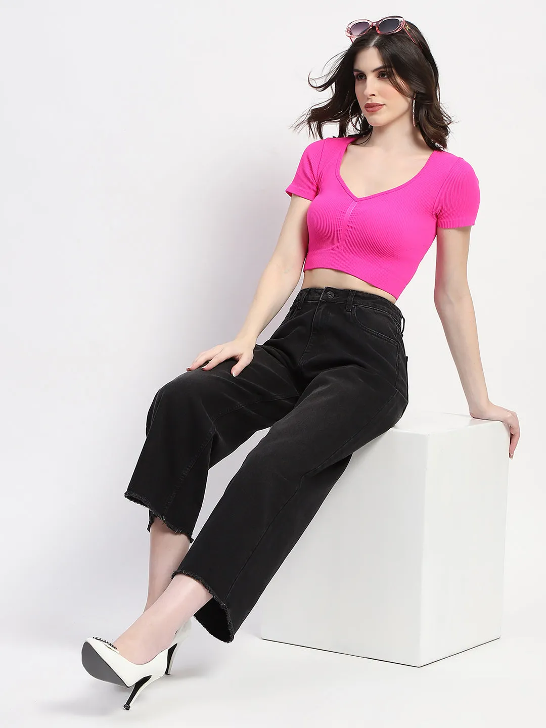 Neutral Casual Streetwear Fan Madame Frayed Hem Black Flared Denim