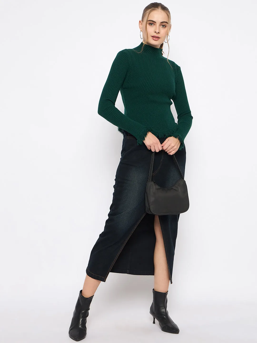 Outdoor Comfort Madame Fringe Hem Mock Neck Green Sweater