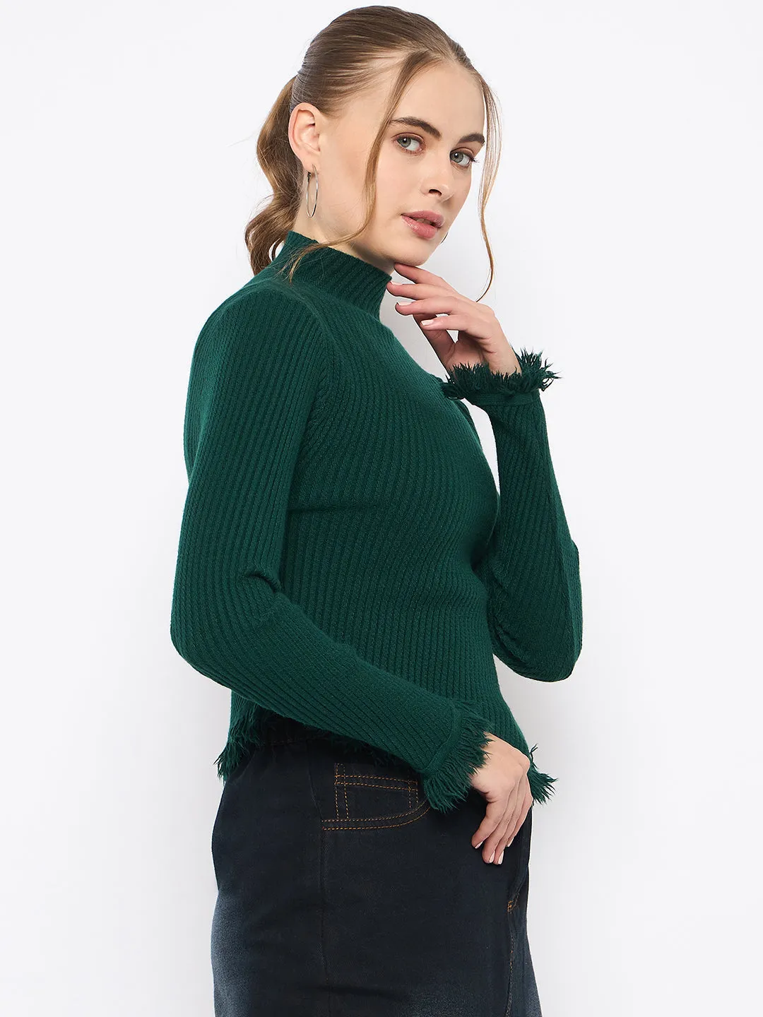 Madame Fringe Hem Mock Neck Green Sweater Winter Apparel Chilly Look