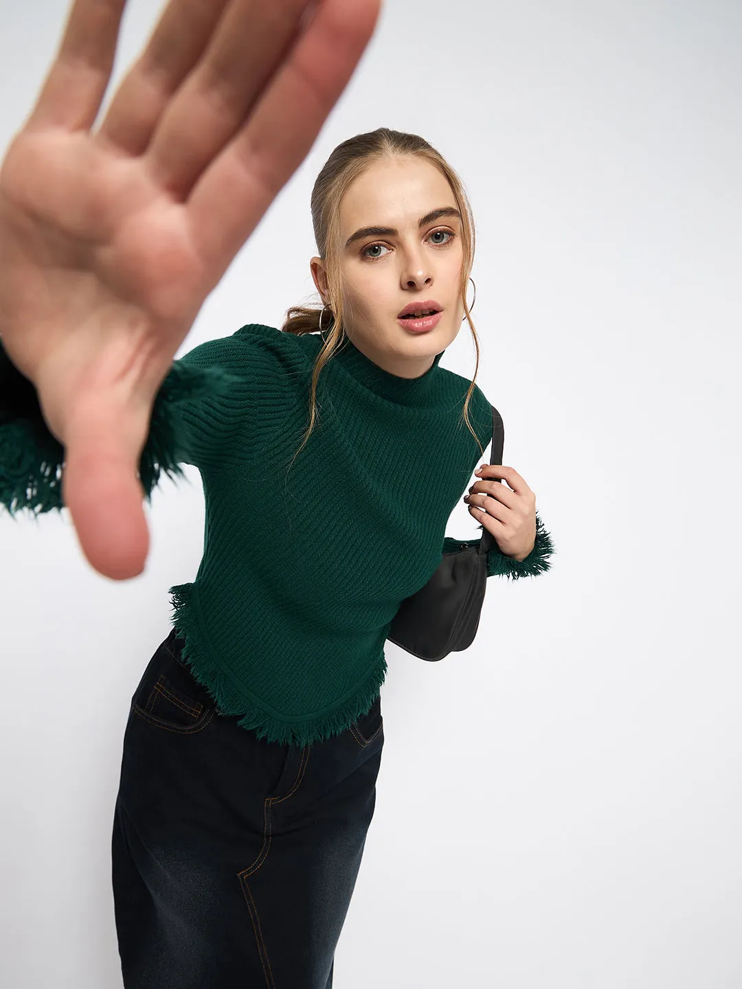 Chunky Yarn Madame Fringe Hem Mock Neck Green Sweater