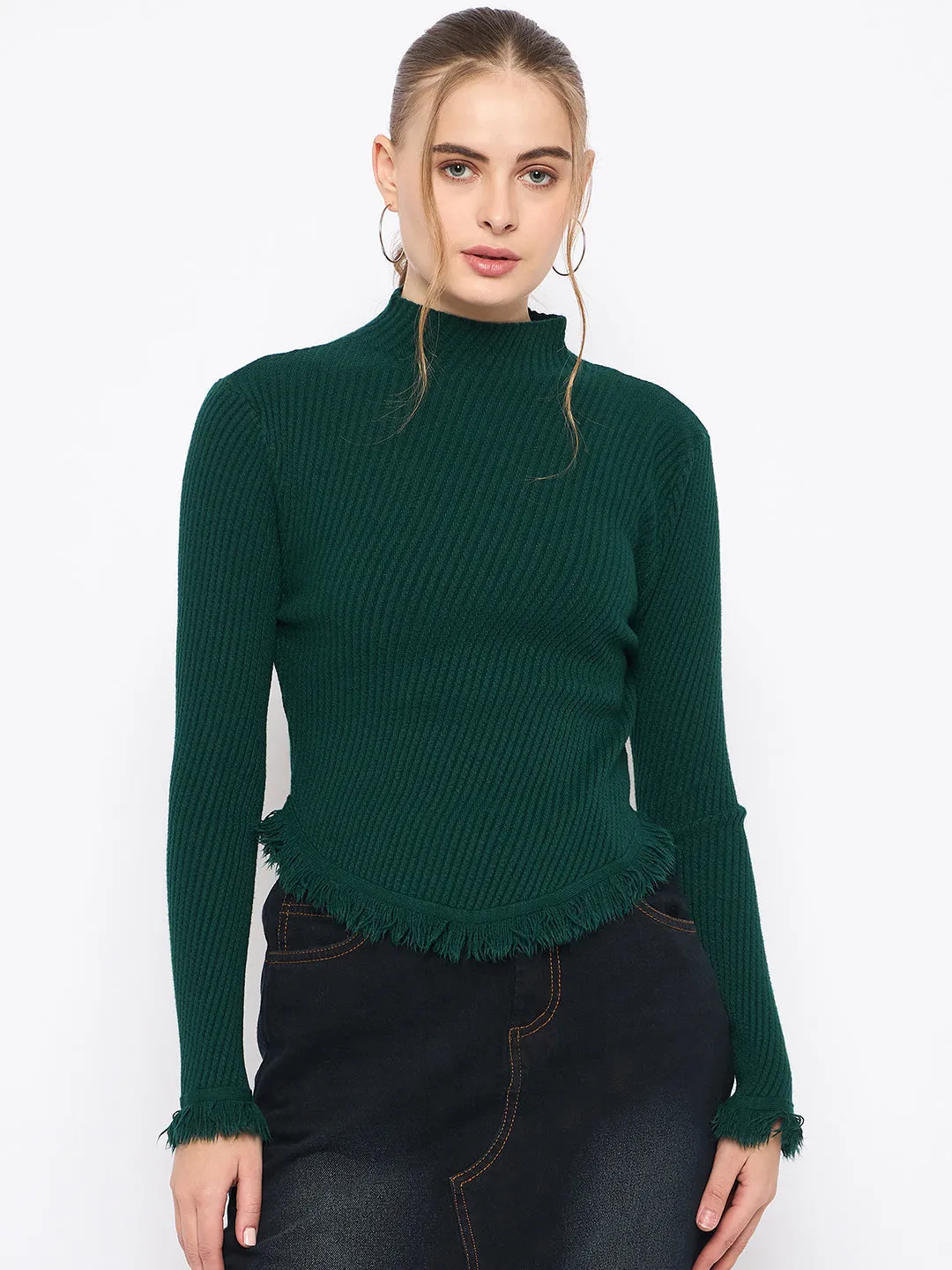 Madame Fringe Hem Mock Neck Green Sweater Winter Fashionable