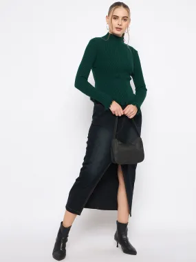 Outdoor Comfort Madame Fringe Hem Mock Neck Green Sweater