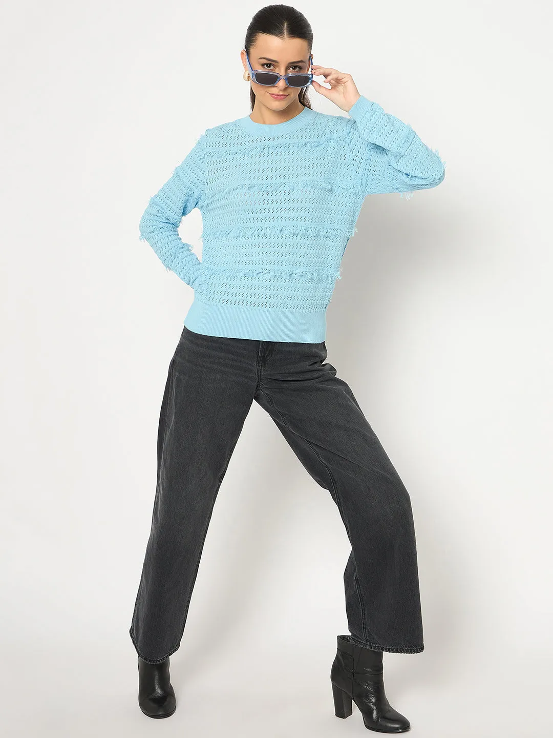 Madame Fringe Textured Brown Cotton Sweater Relaxed fit wear