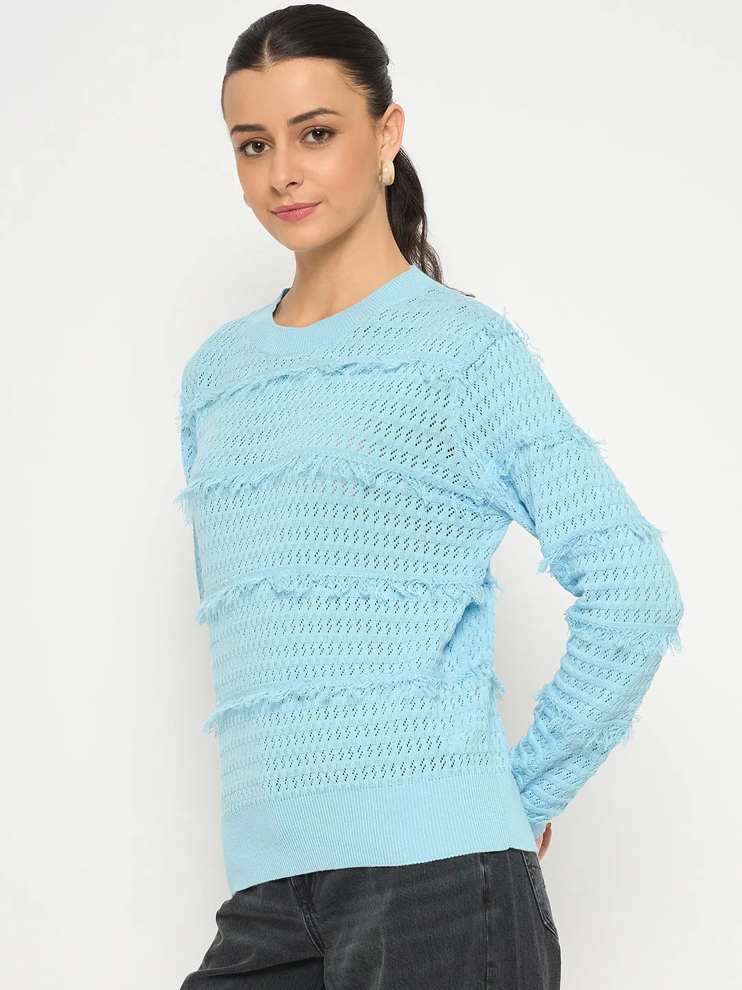 Cozy And Warm Madame Fringe Textured Brown Cotton Sweater