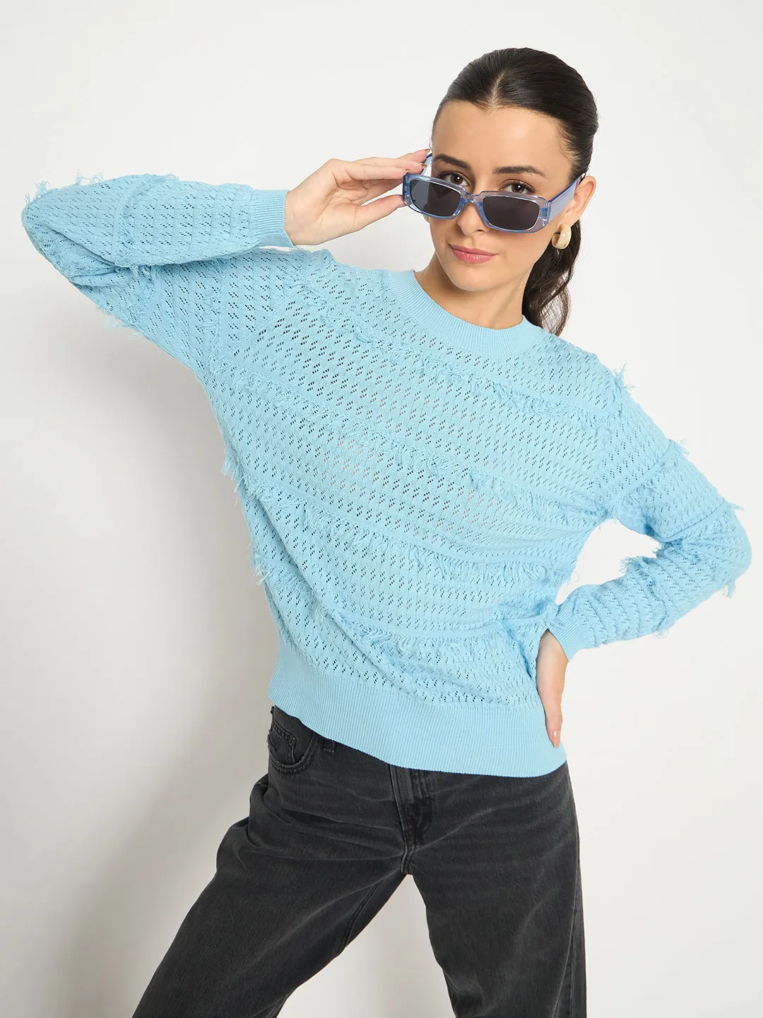 Madame Fringe Textured Brown Cotton Sweater Cozy Layered Wear Sleek Look