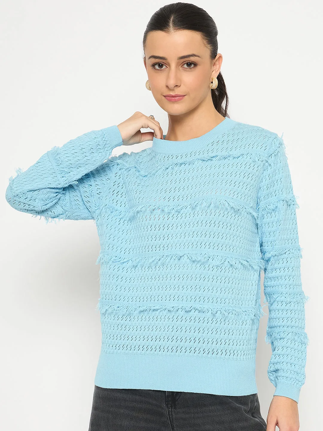 Madame Fringe Textured Brown Cotton Sweater Comfy Stretch Design