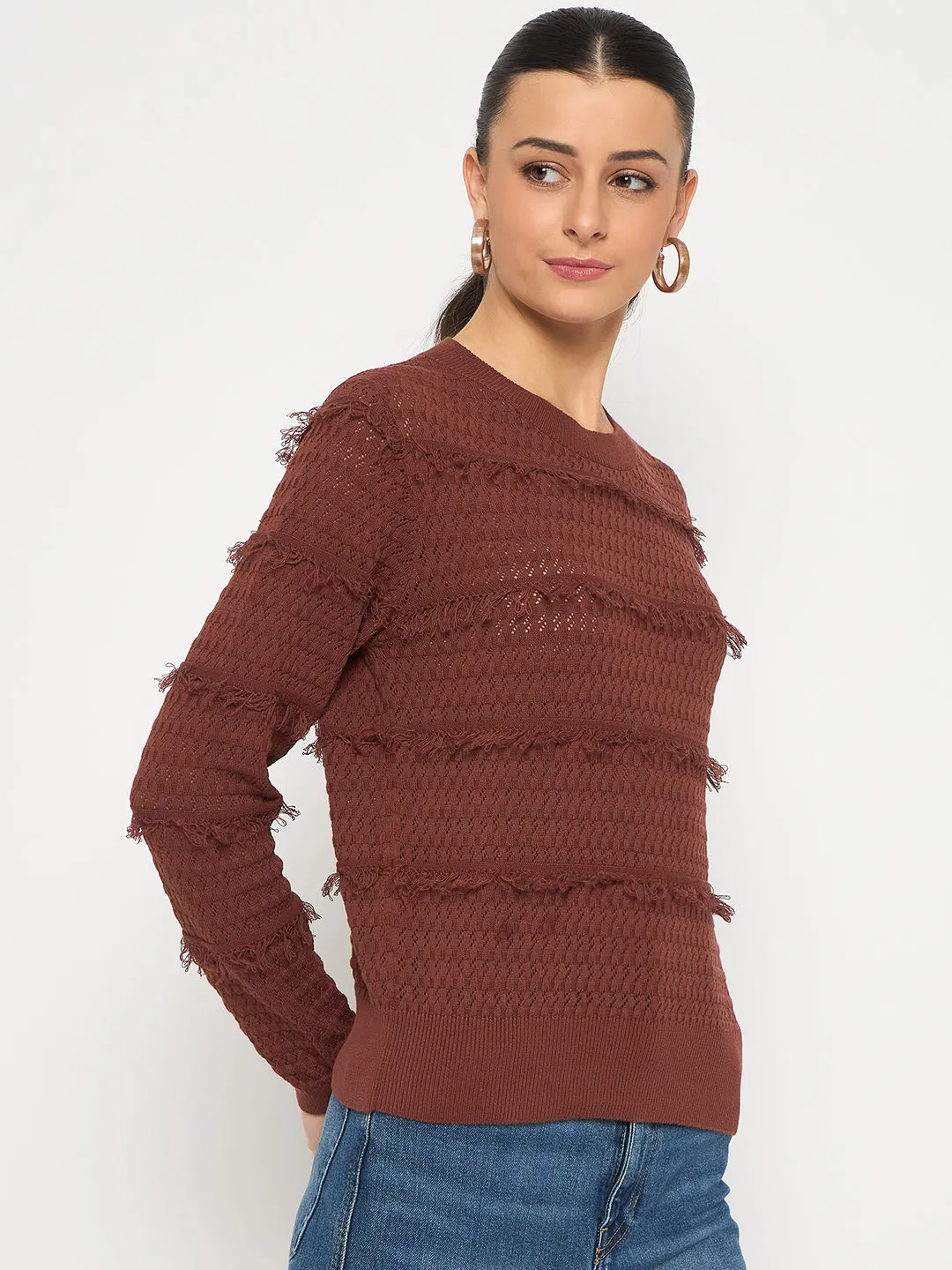 Madame Fringe Textured Chocolate Brown Cotton Sweater Cozy Knit Fit All-Season Comfort