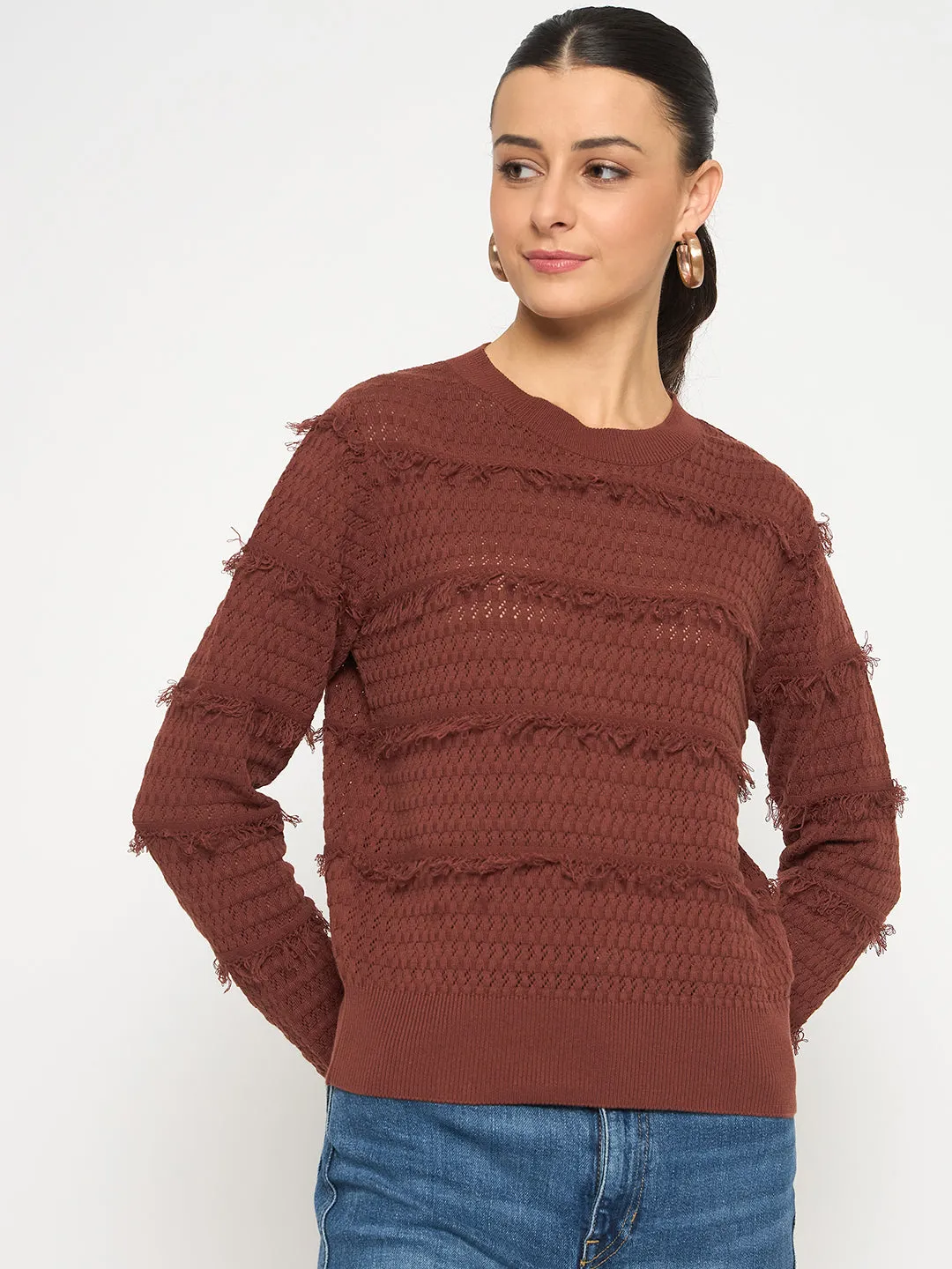 Madame Fringe Textured Chocolate Brown Cotton Sweater Comfy Hug