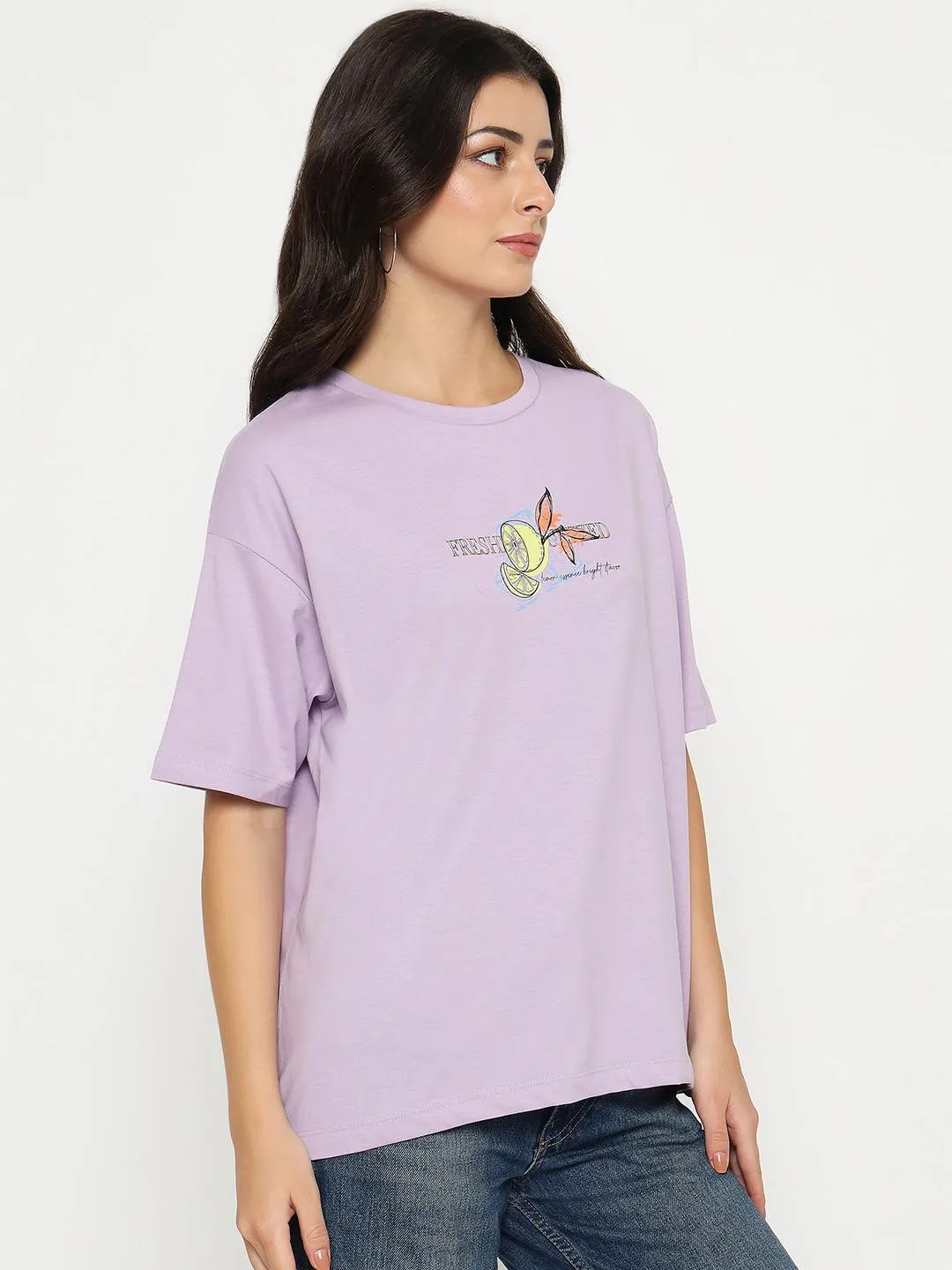 Sustainable Dye Process Madame Front and Back Graphic Print Lilac Cotton T-Shirt