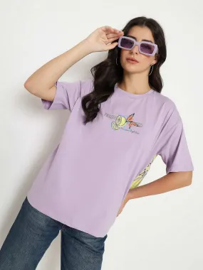 Chic Vibes Madame Front and Back Graphic Print Lilac Cotton T-Shirt