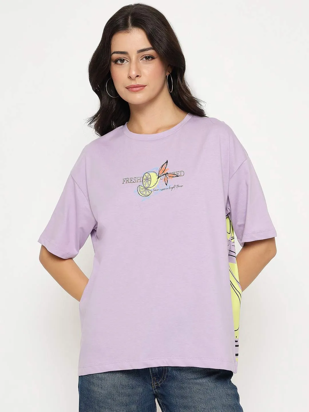 Madame Front and Back Graphic Print Lilac Cotton T-Shirt RibbedNeckBanding Timeless Look Wear