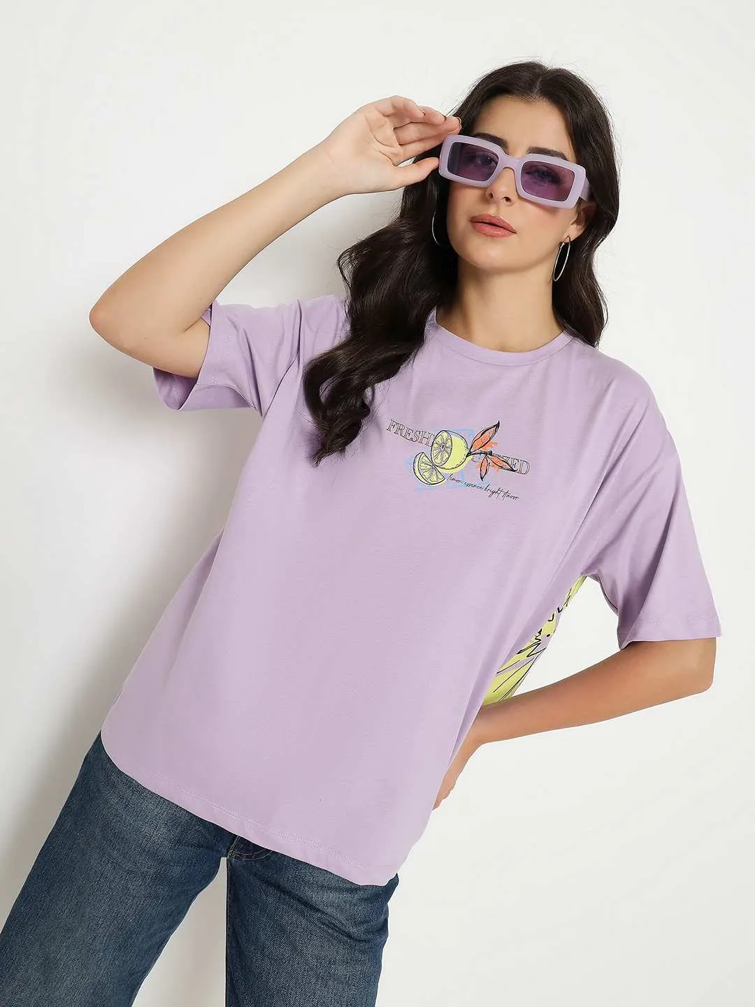 Chic Vibes Madame Front and Back Graphic Print Lilac Cotton T-Shirt