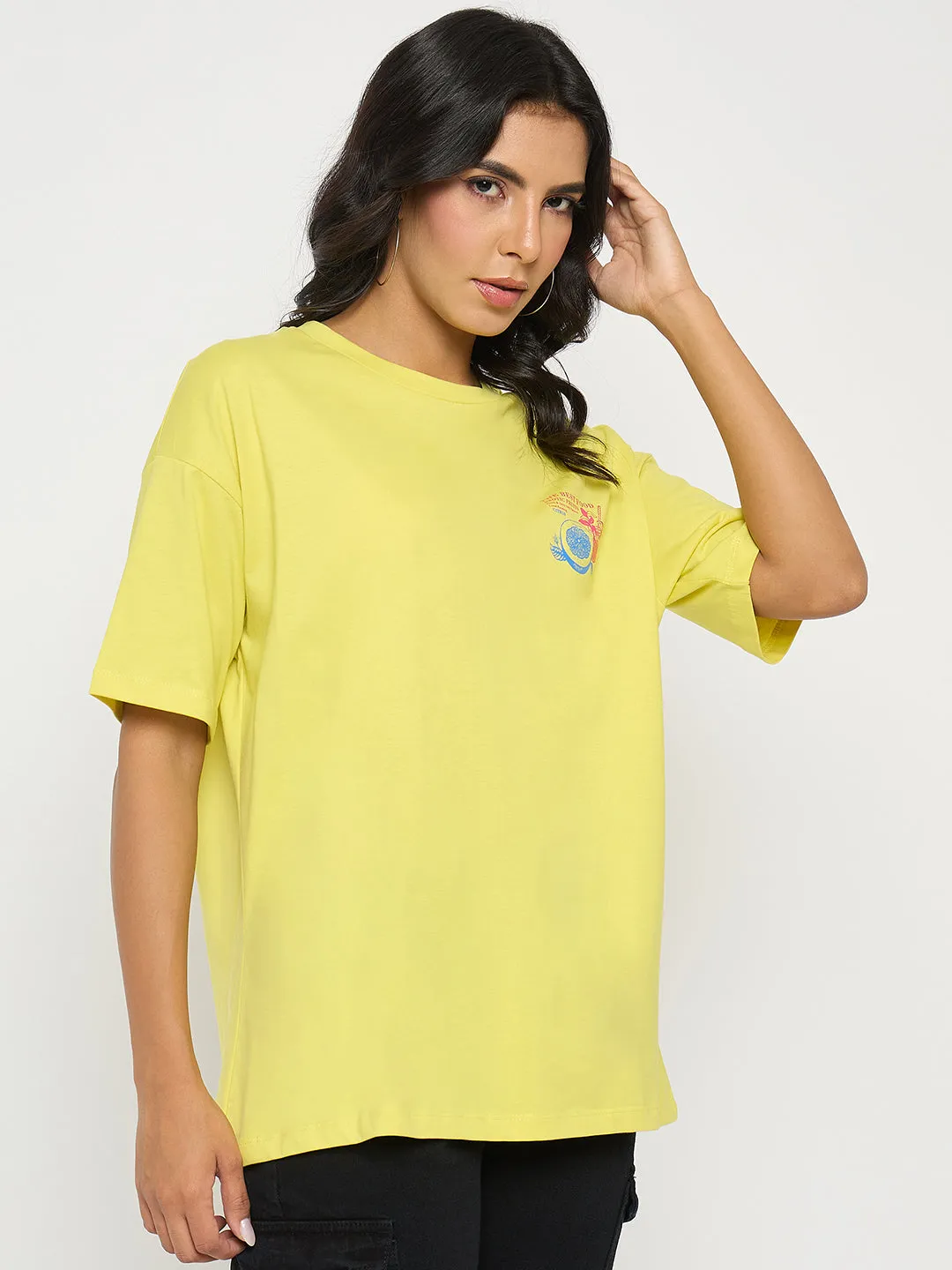 Minimalist Style loose but not baggy Madame Front and Back Graphic Print Yellow T-Shirt