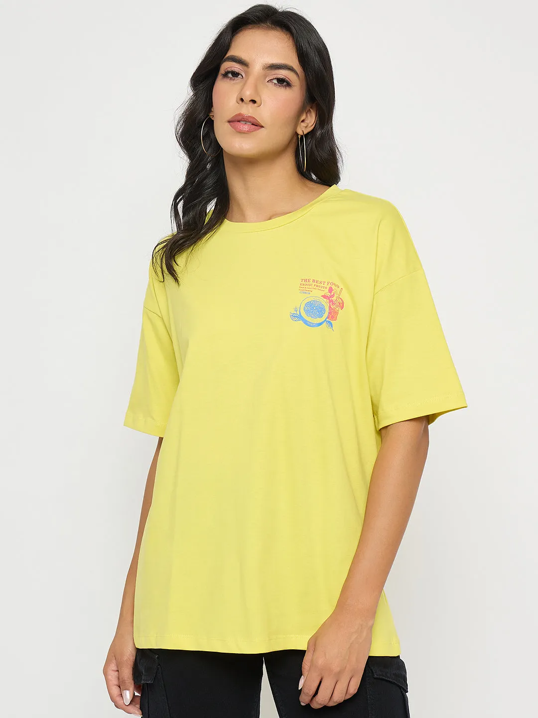 Anti Static Fabric Madame Front and Back Graphic Print Yellow T-Shirt