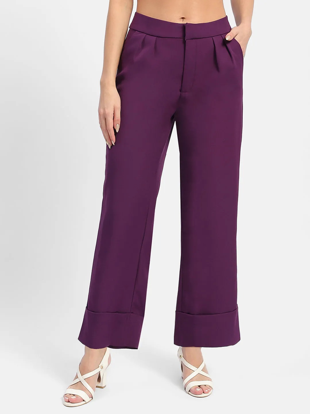 Breathable Material Street Inspired Madame Front Pleated Purple Rolled Hem Trousers