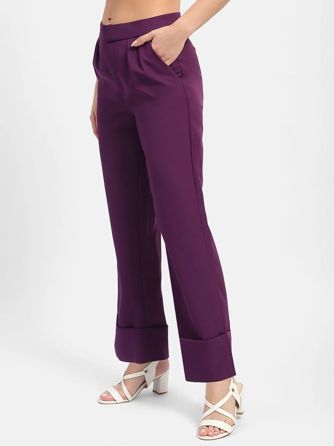 Flattering Shape ElasticWaist Madame Front Pleated Purple Rolled Hem Trousers