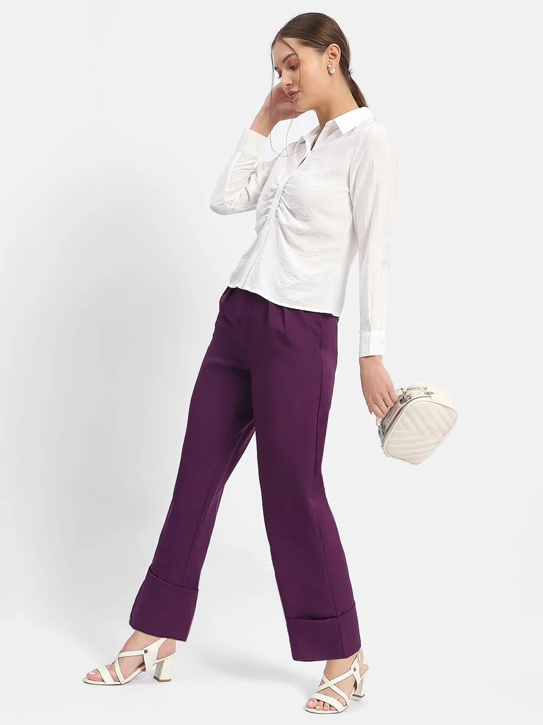Madame Front Pleated Purple Rolled Hem Trousers TaperedLeg