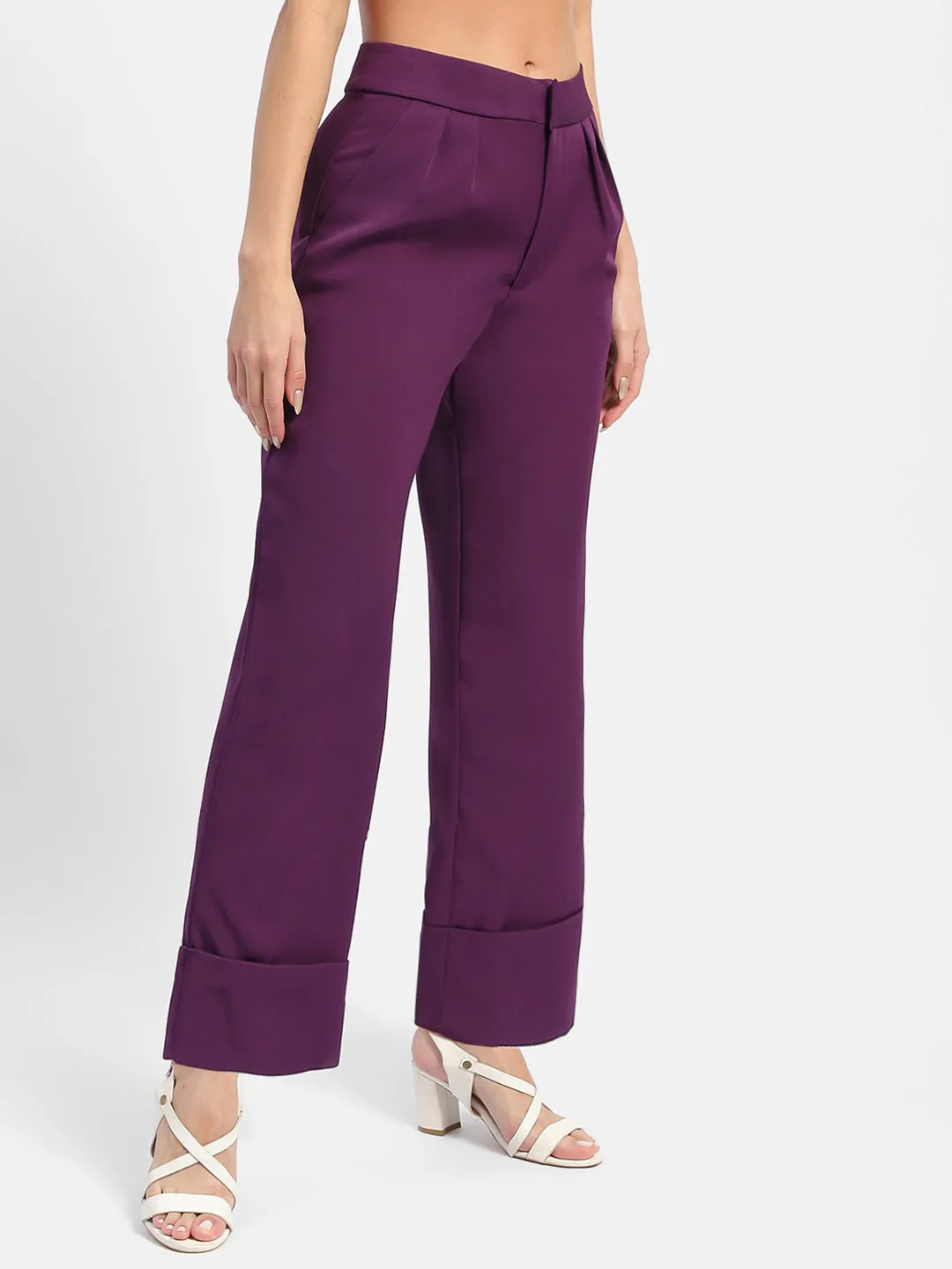 Madame Front Pleated Purple Rolled Hem Trousers Easy Comfort Stretchable Fit