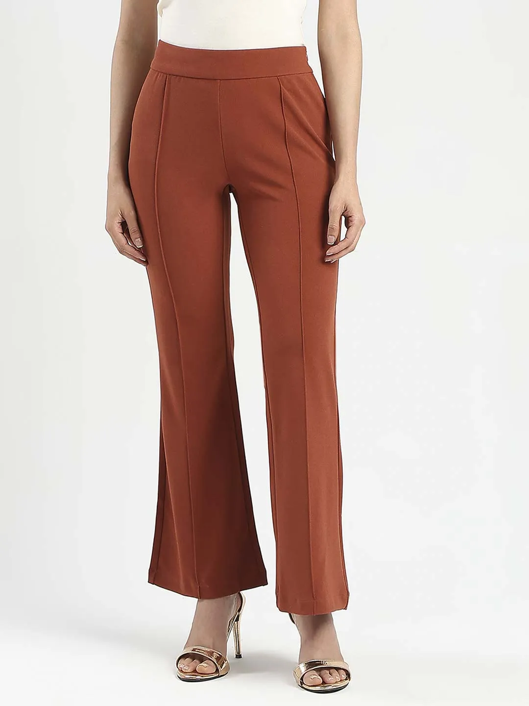 Madame Front Seam Detail Rust Red Wide Leg Trousers Performance Stretch Stretchy Material