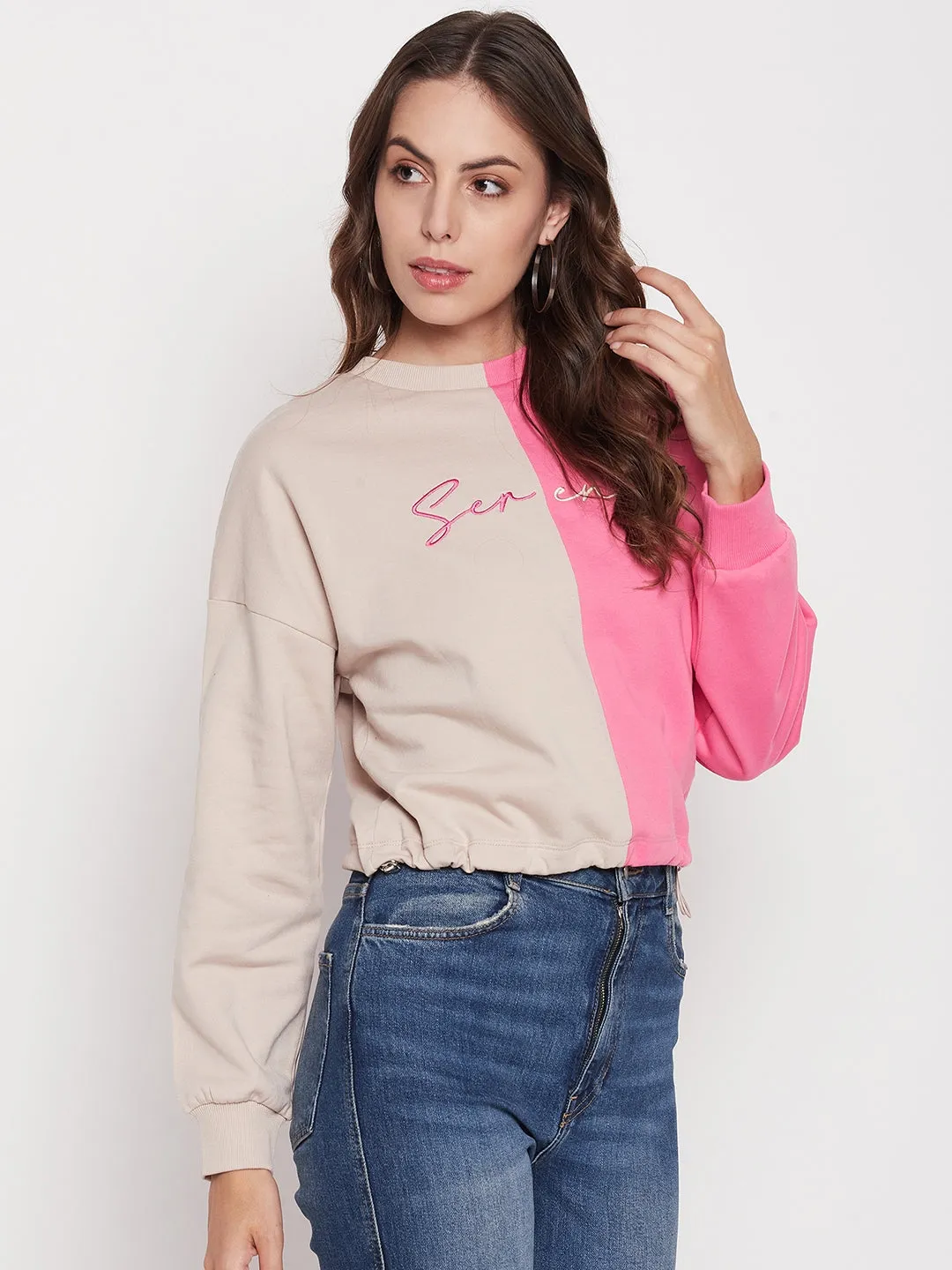 crew neck Pullover Madame Fuchsia Pink Color Block Sweatshirt