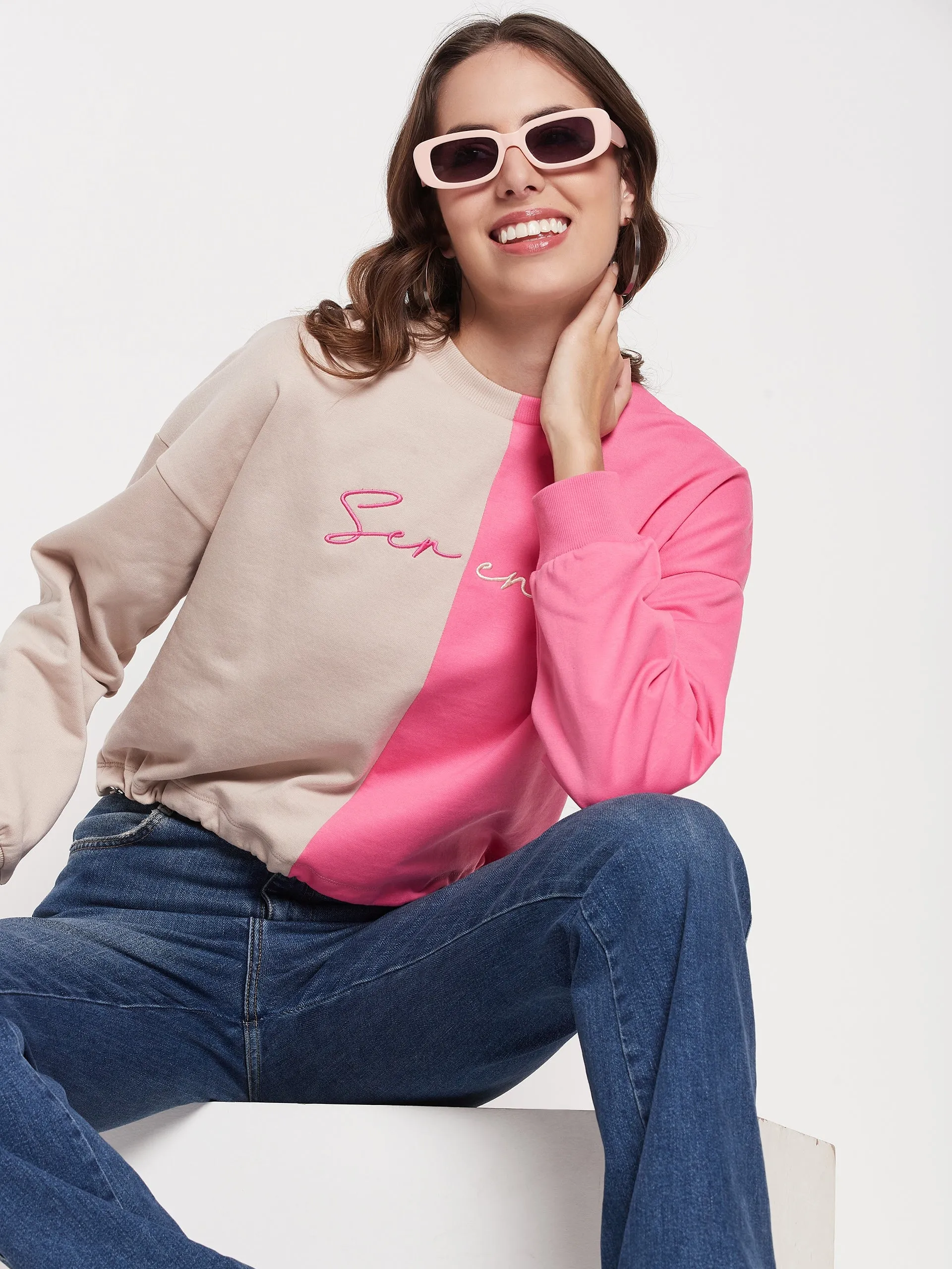 young people Weekend Casual Madame Fuchsia Pink Color Block Sweatshirt