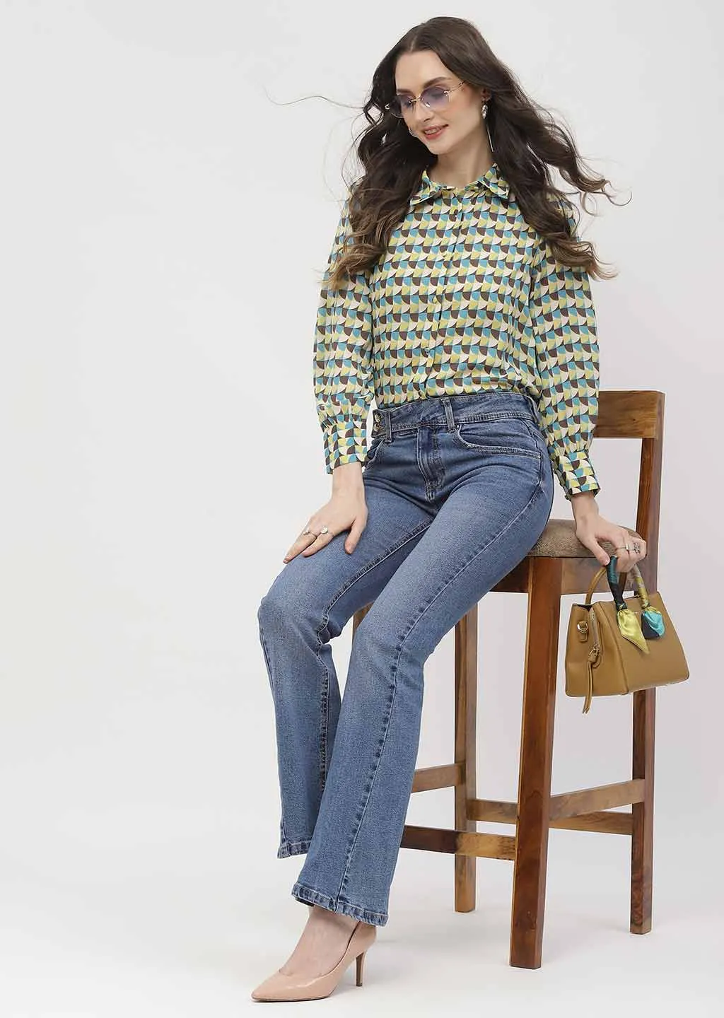 Madame Geometric Print Apple Green Regular Shirt Wardrobe Essential Minimal Look