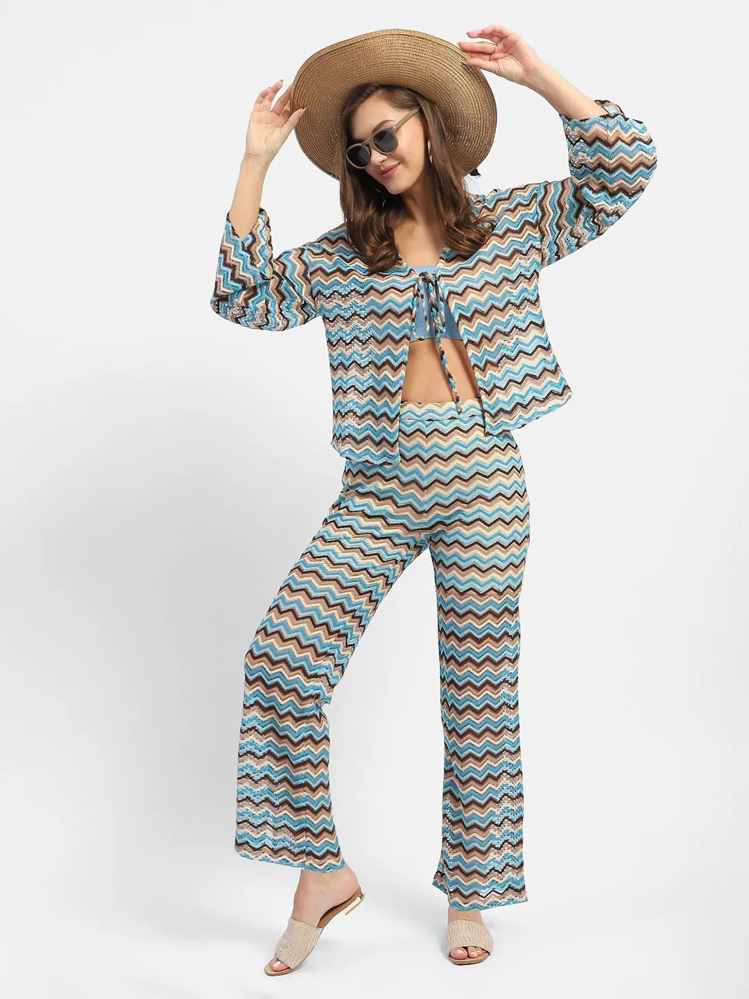 Madame Geometric Print Blue Trouser Flattering Design Wear Layered Panel Design