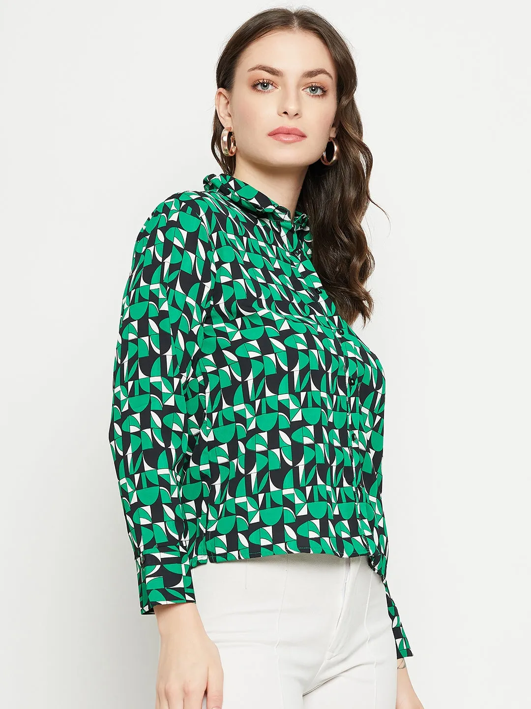 Modern Look Madame Geometric Print Full Sleeves Green Shirt