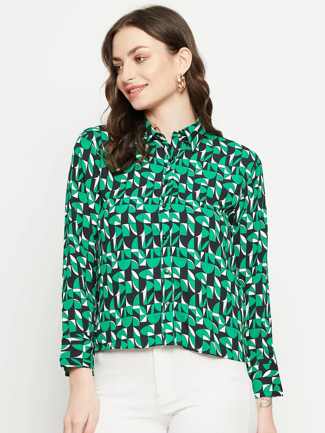 Madame Geometric Print Full Sleeves Green Shirt Smart Casual Wear