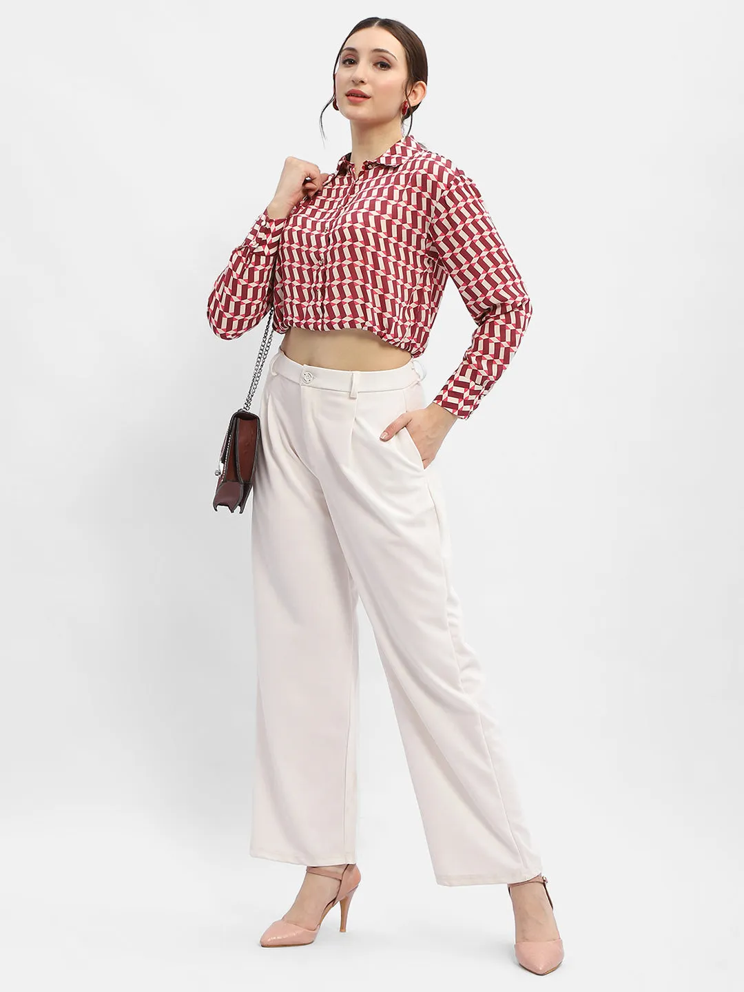 Madame Geometric Print Maroon Crop Shirt Eco-Friendly Fabric Vibrant Hue