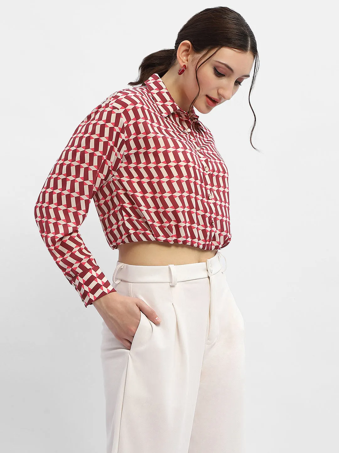 Plus Size Fit Madame Geometric Print Maroon Crop Shirt