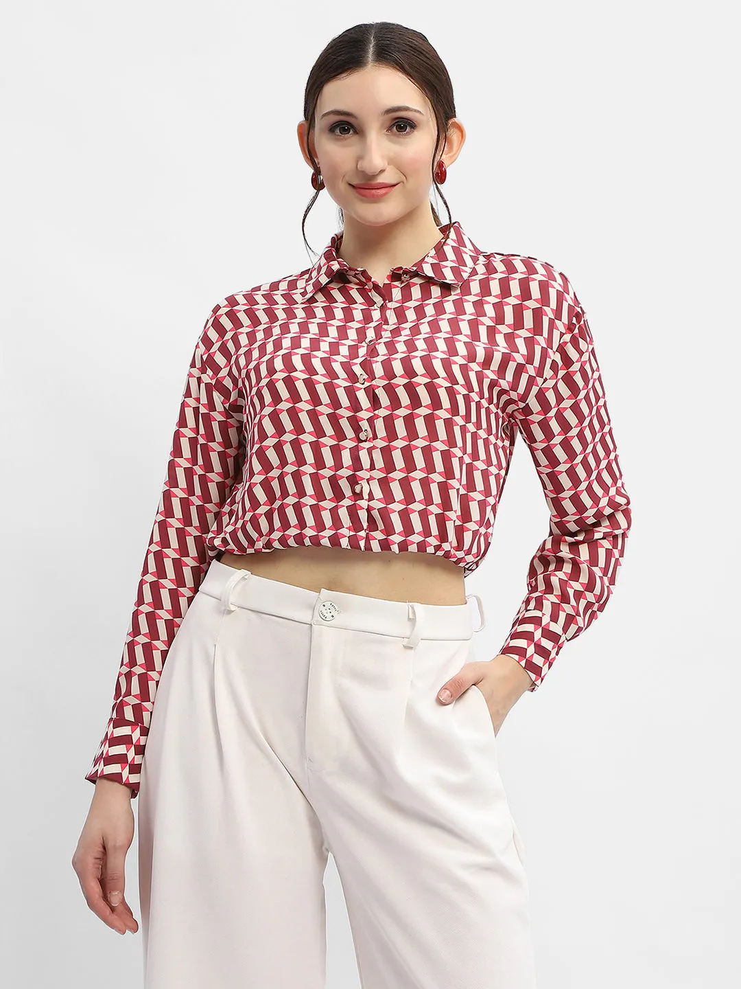 Versatile Clothing Madame Geometric Print Maroon Crop Shirt