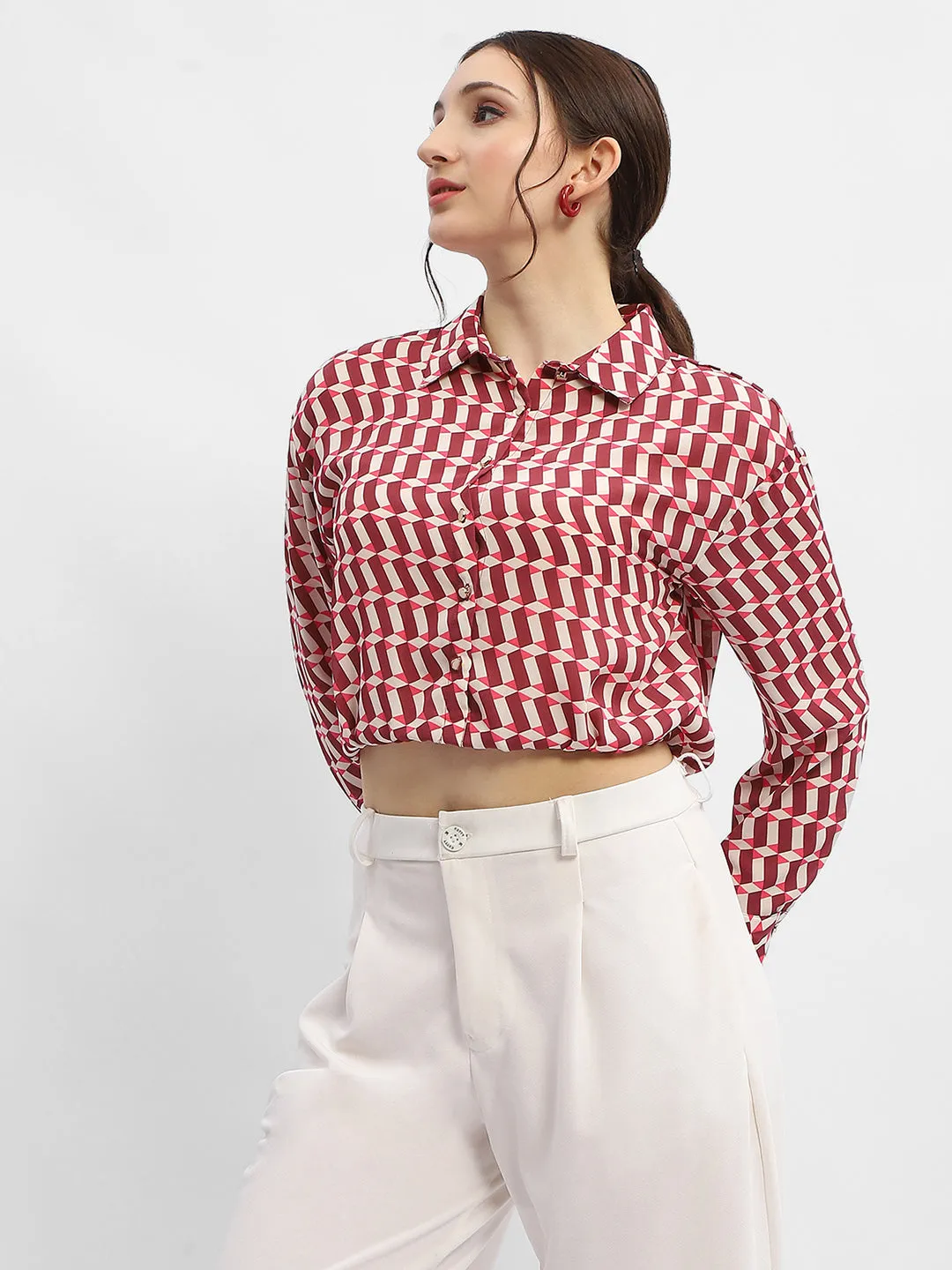 Madame Geometric Print Maroon Crop Shirt Wrinkle Free Care Athletic Cut
