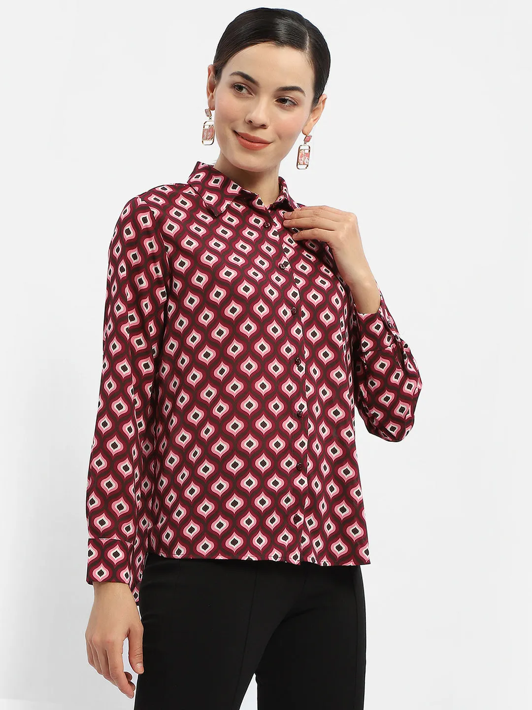 Seasonal Essential Traveler??s Choice Madame Geometric Print Maroon Regular Shirt