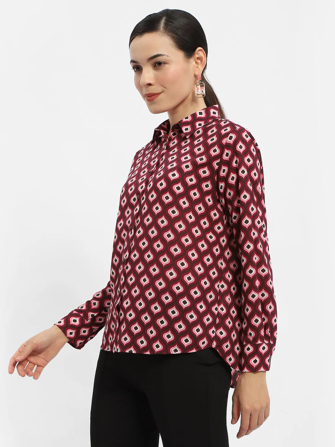Madame Geometric Print Maroon Regular Shirt Micro Perforated Texture Everyday Comfort
