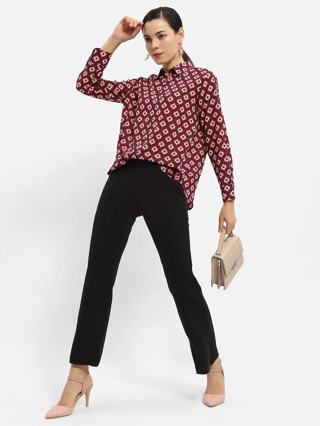 Nautical Look Asymmetrical Cut Madame Geometric Print Maroon Regular Shirt