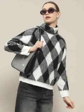 Sustainable Sourcing Certified Simple Knitwear Madame Geometric Print Turtleneck Black Sweater