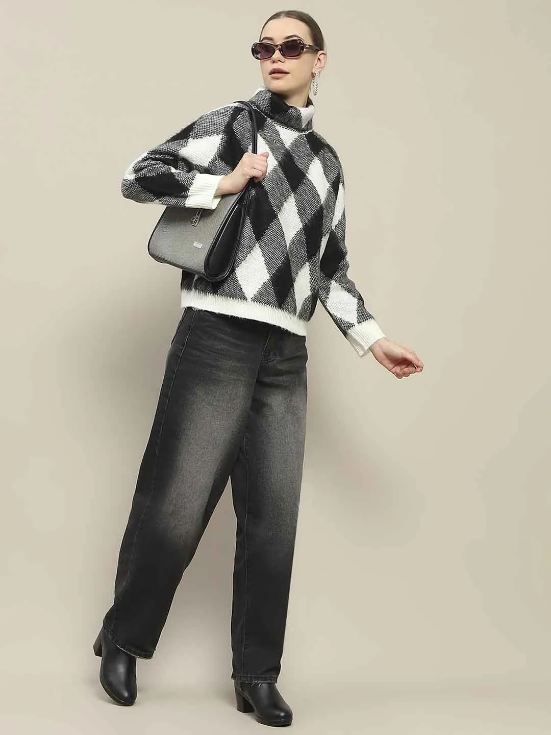 Madame Geometric Print Turtleneck Black Sweater Perfect Layer