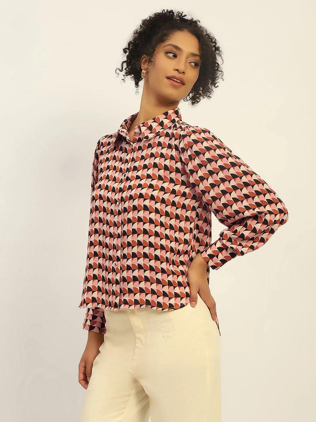 Madame Geometric Printed Rust And Brown Shirt Holiday Outfit