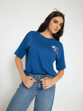 Madame Graphic Adorned Royal Blue Cotton T-Shirt Airflow Ventilation System Microfiber texture