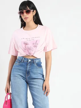 Simple Comfort Look Madame Graphic Foil Print Handwork Detail Pink Cotton T-shirt