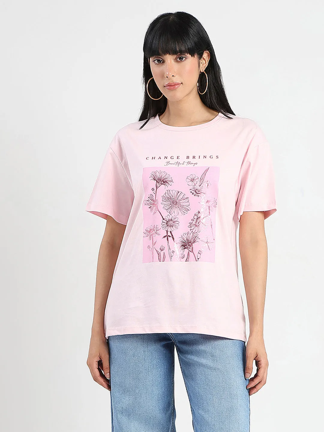 Chic And Comfortable Madame Graphic Foil Print Handwork Detail Pink Cotton T-shirt