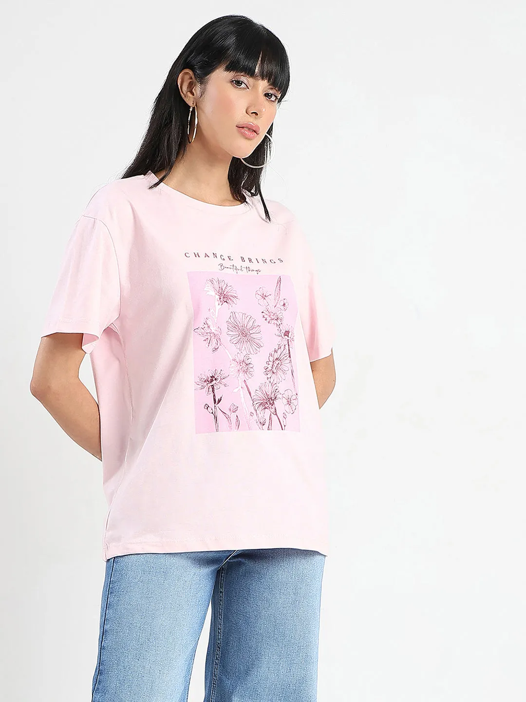 right size Sporty Layer Look Madame Graphic Foil Print Handwork Detail Pink Cotton T-shirt