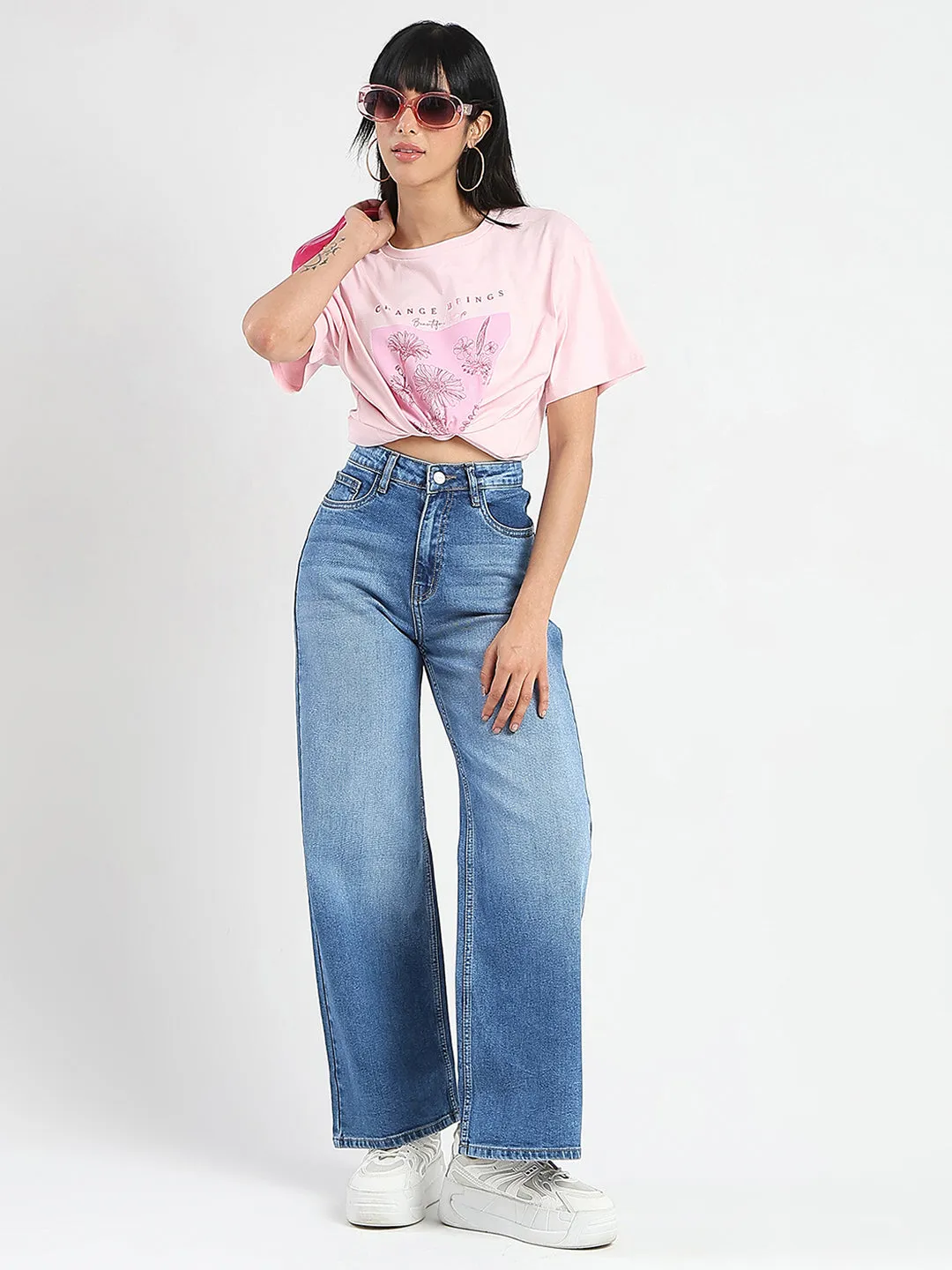 Madame Graphic Foil Print Handwork Detail Pink Cotton T-shirt Plus size clothing